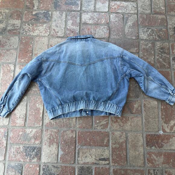 H&M & Denim Jacket Cropped Blue Size M 90s Pockets Elastic Waist - Picture 7 of 9